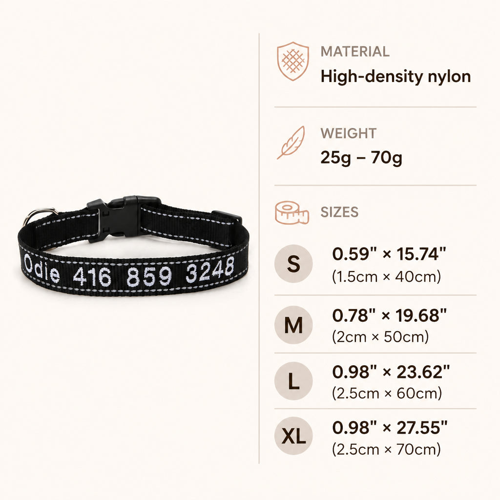 Personalized Reflective Nylon Dog Collar · Collar Specifications & Size Guide