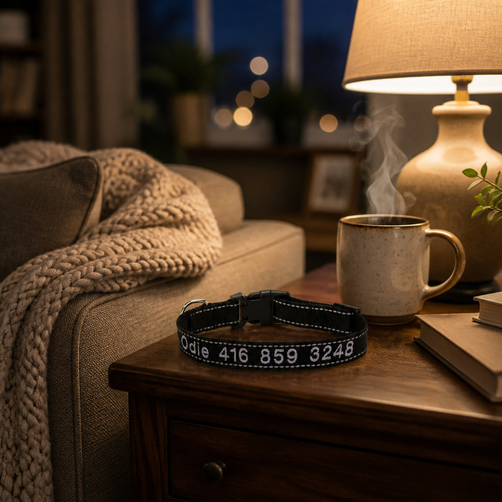 Personalized Reflective Nylon Dog Collar · Evening Living Room Lifestyle Scene