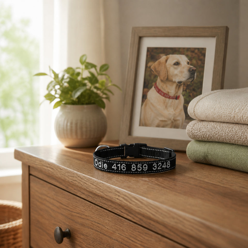 Personalized Reflective Nylon Dog Collar · Bedroom Dresser Lifestyle Scene