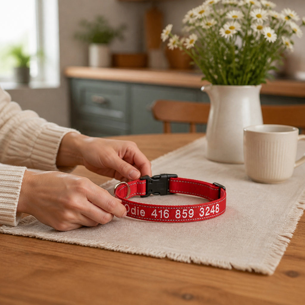 Personalized Reflective Nylon Dog Collar · Hands Interacting with Collar at Table