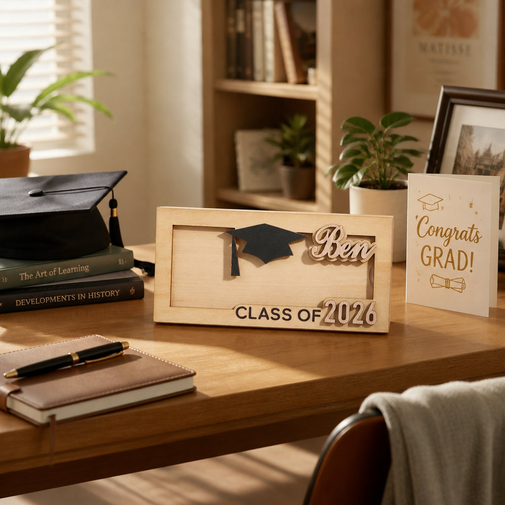 Personalized Graduation Wooden Money Box · Graduation Money Box in Everyday Home Scene