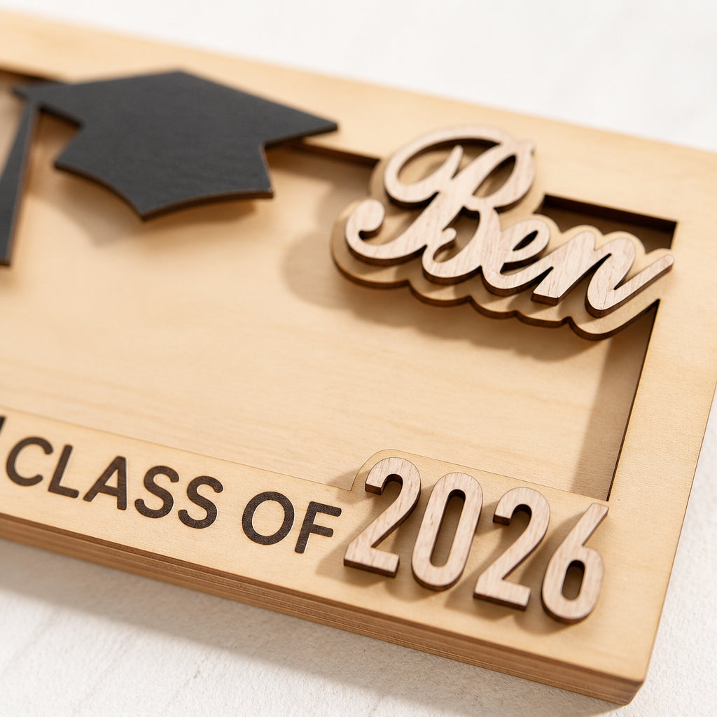 Personalized Graduation Wooden Money Box · Macro Close-Up of Engraved Personalization