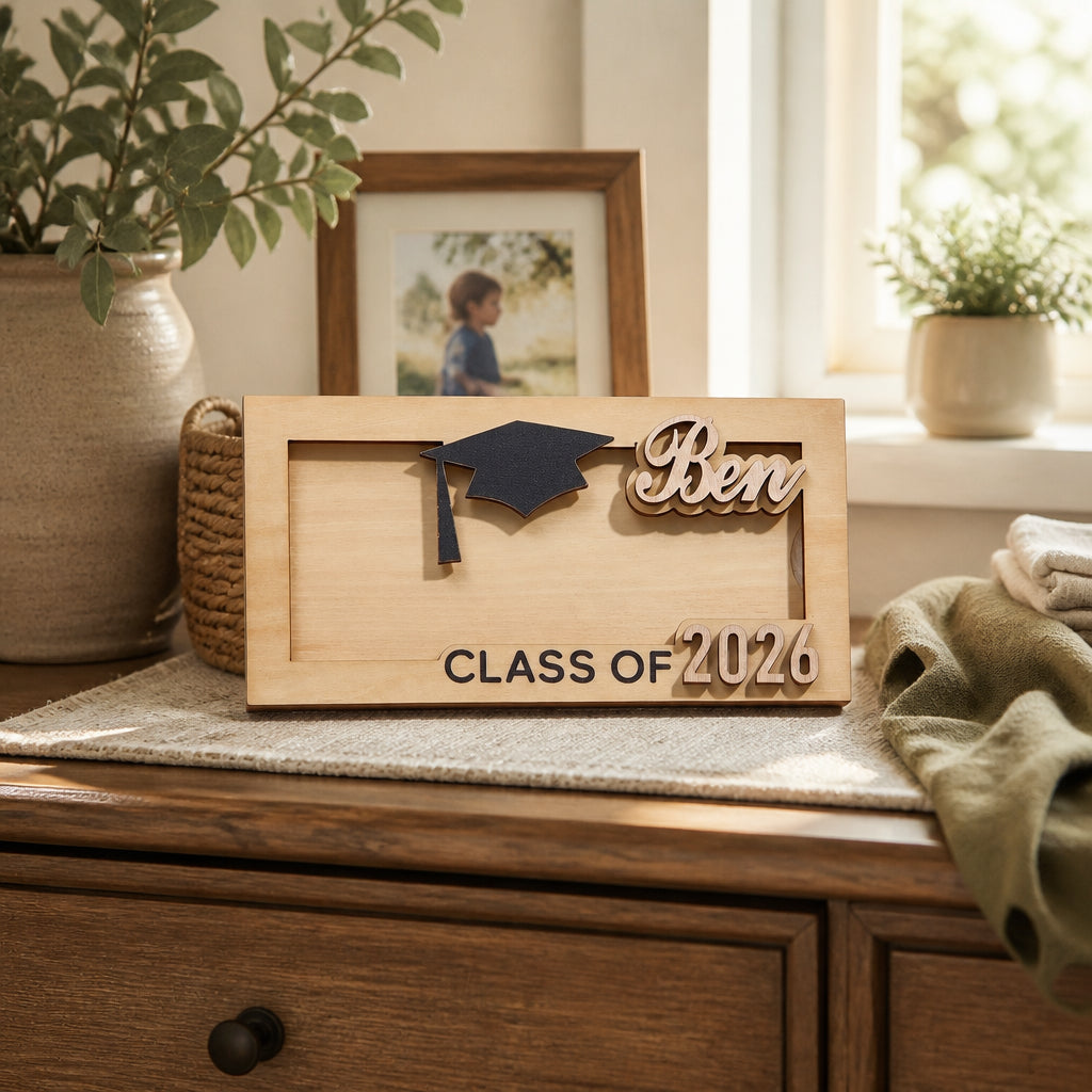 Personalized Graduation Wooden Money Box · Bedroom Dresser Scene with Money Box