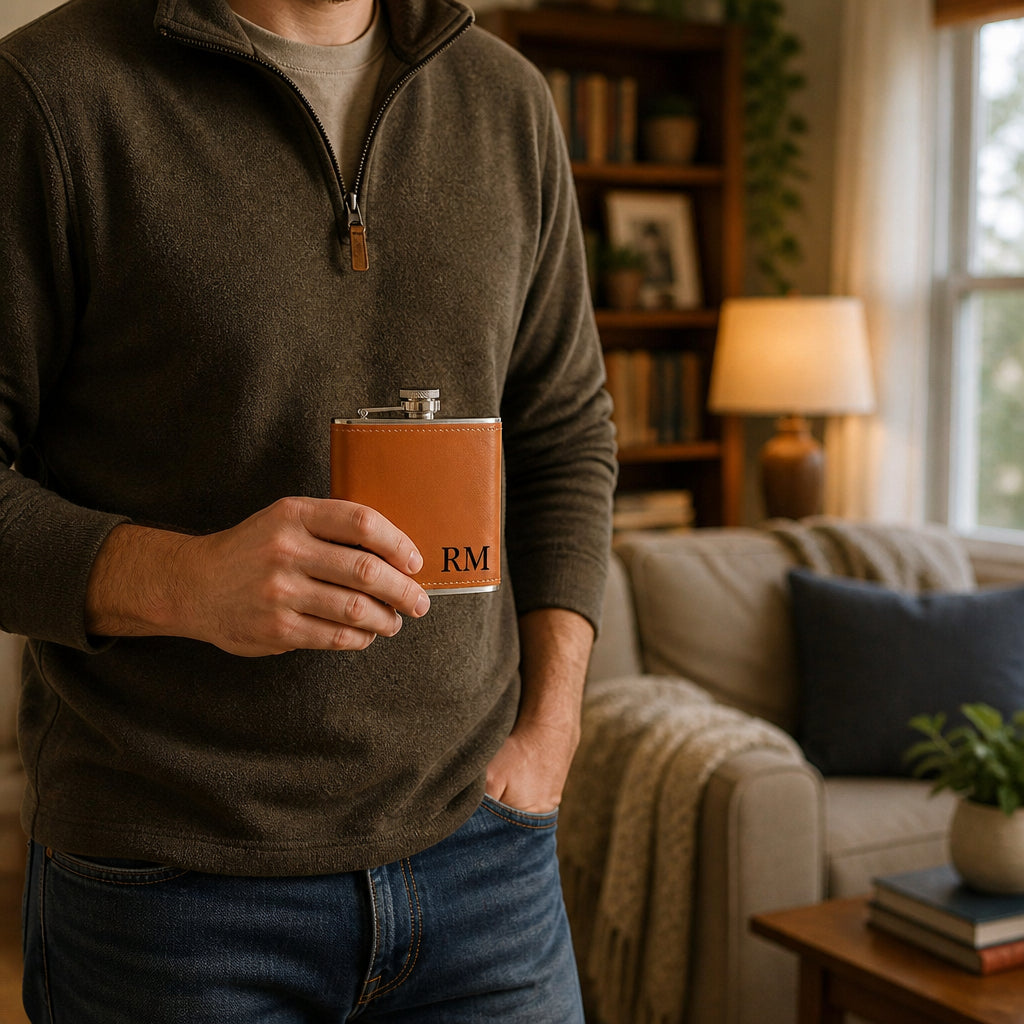 Custom Leather Wrapped 6 oz Flask · Everyday Use in Warm Home Setting