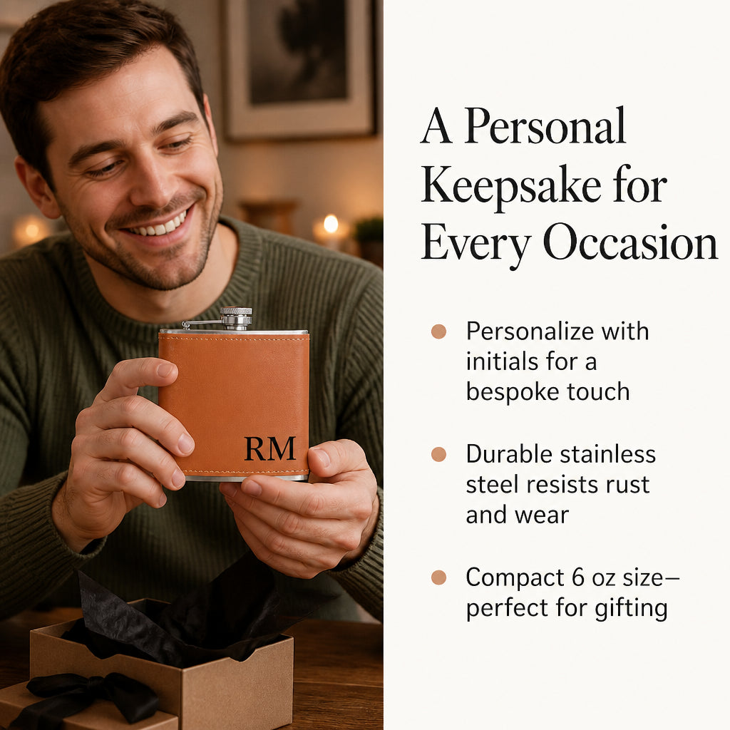 Custom Leather Wrapped 6 oz Flask · Benefit Callout: Personalized Gift