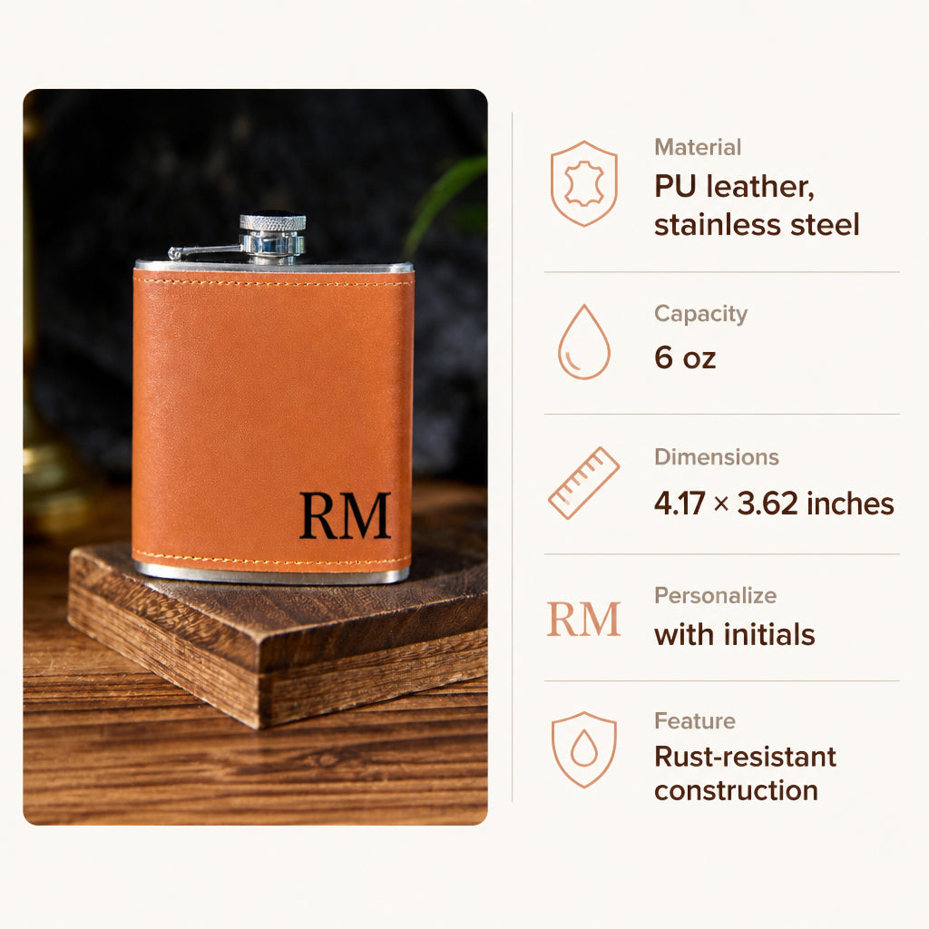 Custom Leather Wrapped 6 oz Flask · Specifications & Dimensions Infographic