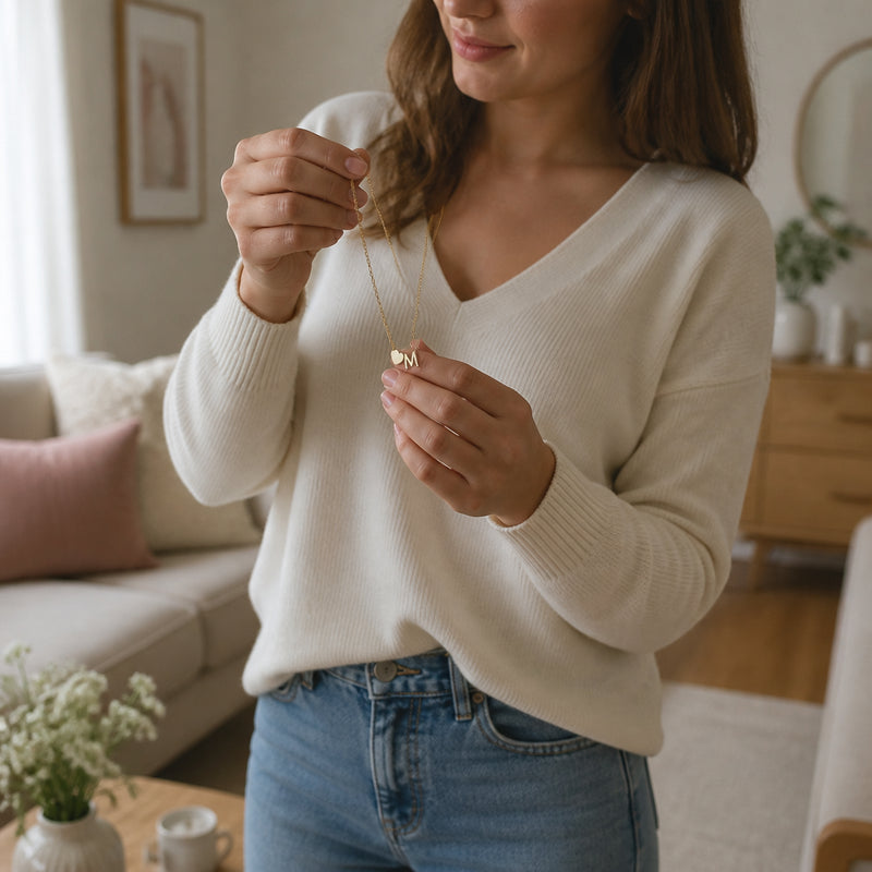 Dainty Initial Heart Necklace · Everyday Lifestyle Scene with Necklace