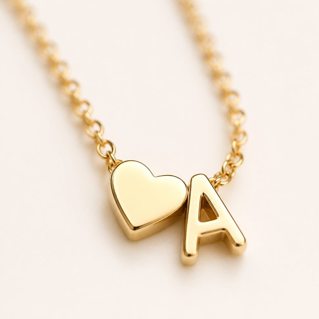 Dainty Initial Heart Necklace · Macro Close-Up of Heart and Initial