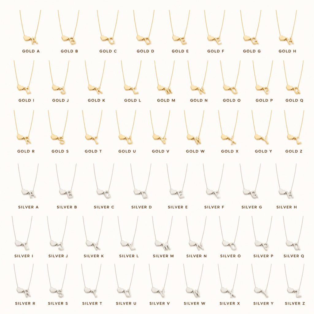 Dainty Initial Heart Necklace · All Color and Letter Variants Grid
