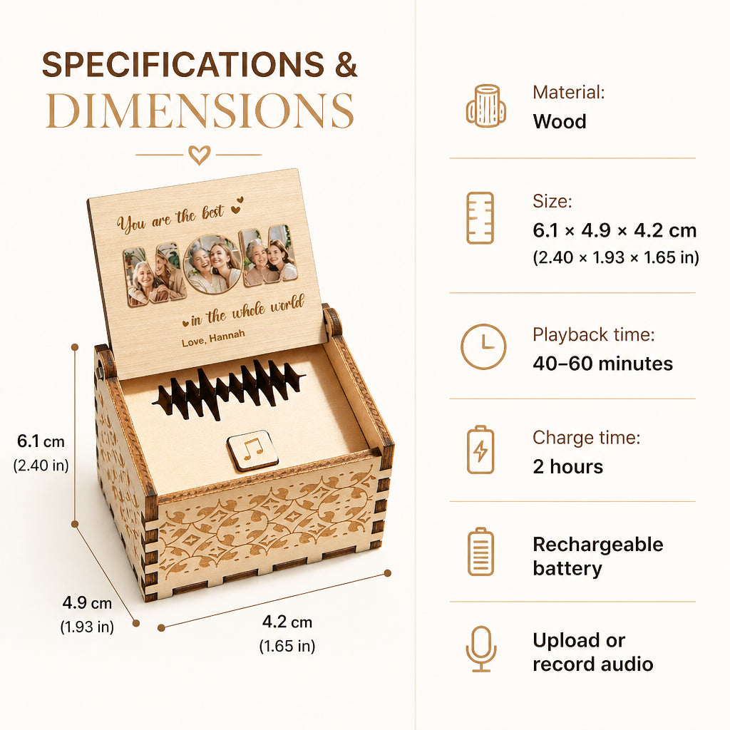 Personalized Voice Recording Music Box for Mom · Specifications & Dimensions Infographic