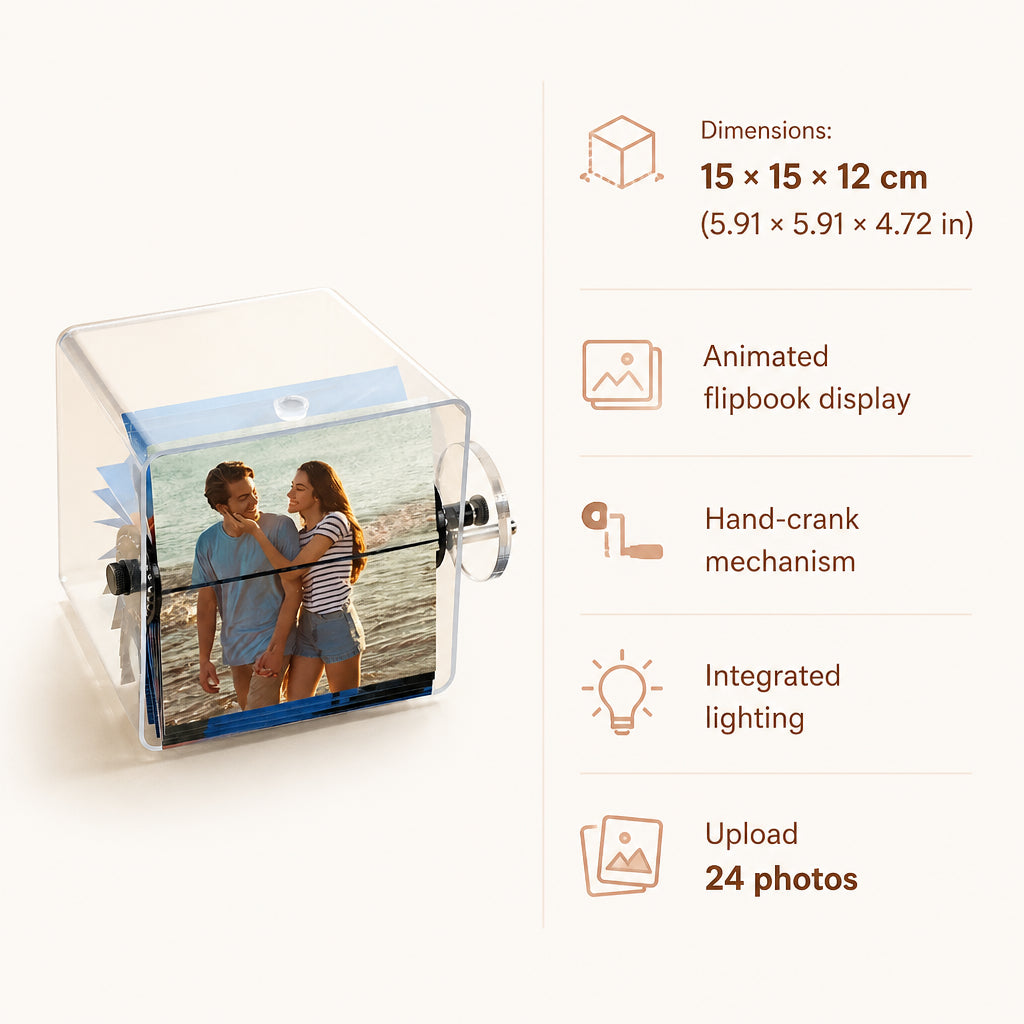 Personalized Animated Photo Flipbook with Light · Product Specifications & Dimensions Infographic