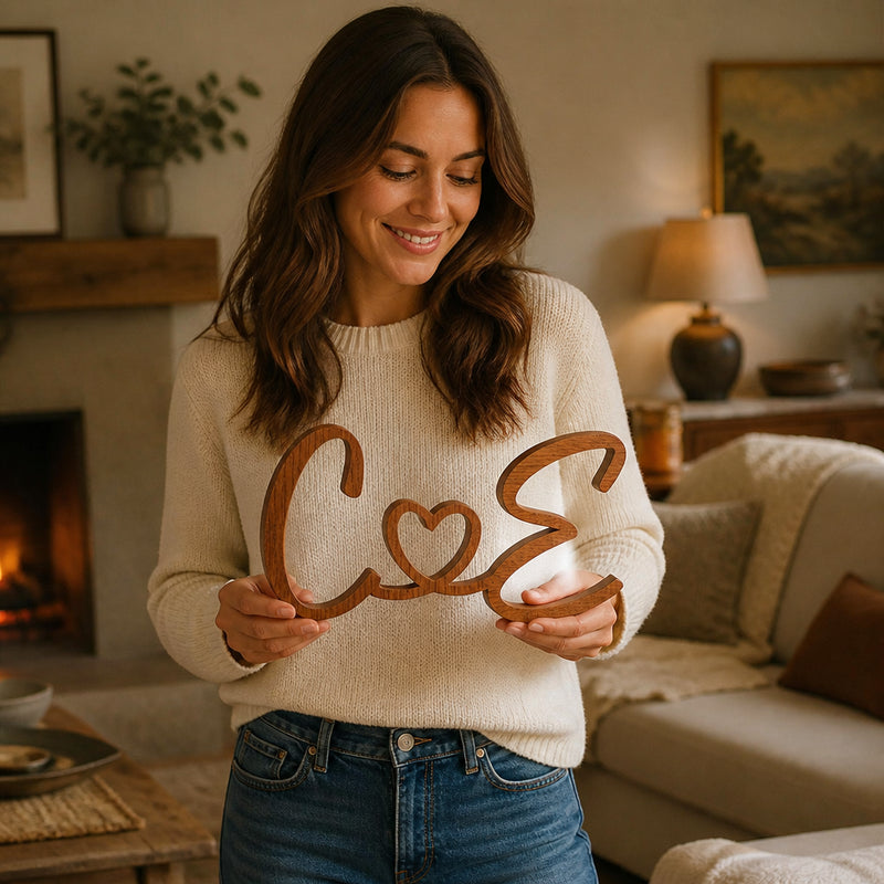 Personalized Wood Initials Sign for Couples · Hands Holding Sign in Cozy Home Scene