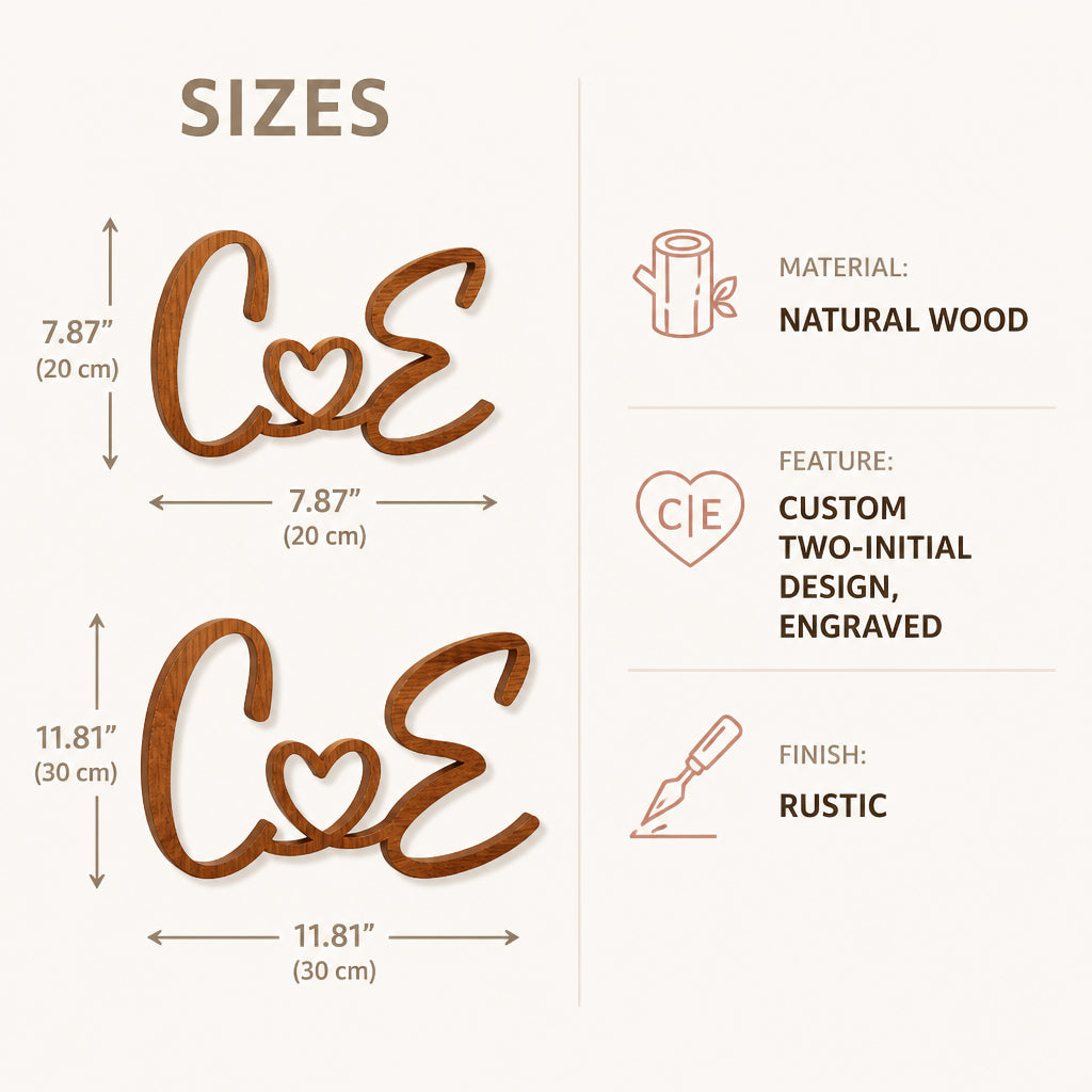 Personalized Wood Initials Sign for Couples · Product Dimensions and Material Specs
