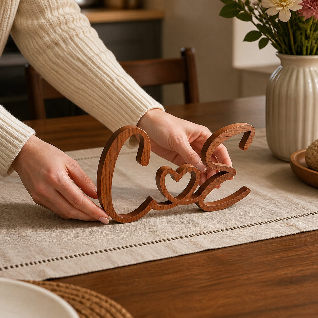 Personalized Wood Initials Sign for Couples · Hands Placing Sign on Dining Table