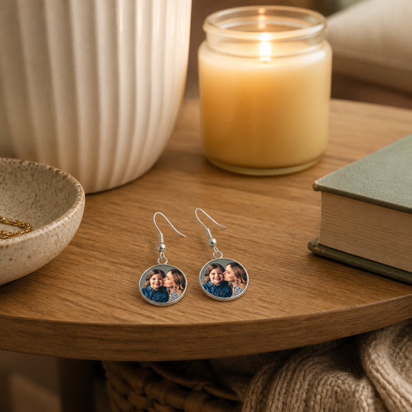 Personalized Photo Round Glass Drop Earrings