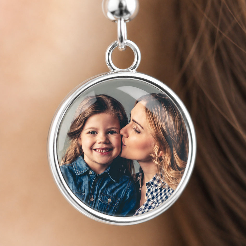 Personalized Photo Round Glass Drop Earrings · Macro Close-Up of Photo Pendant