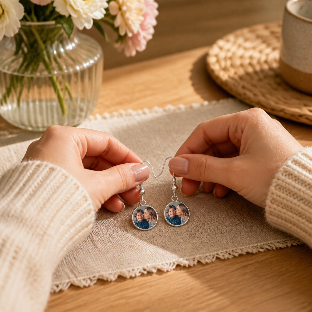 Personalized Photo Round Glass Drop Earrings · Hands Interacting with Earrings at Table