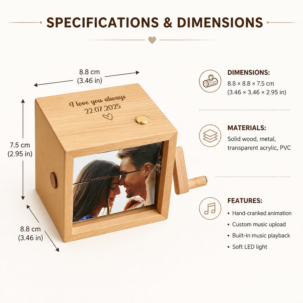 Custom Photo, Text and Music Hand Cranked Flipbook · Specifications & Dimensions Infographic