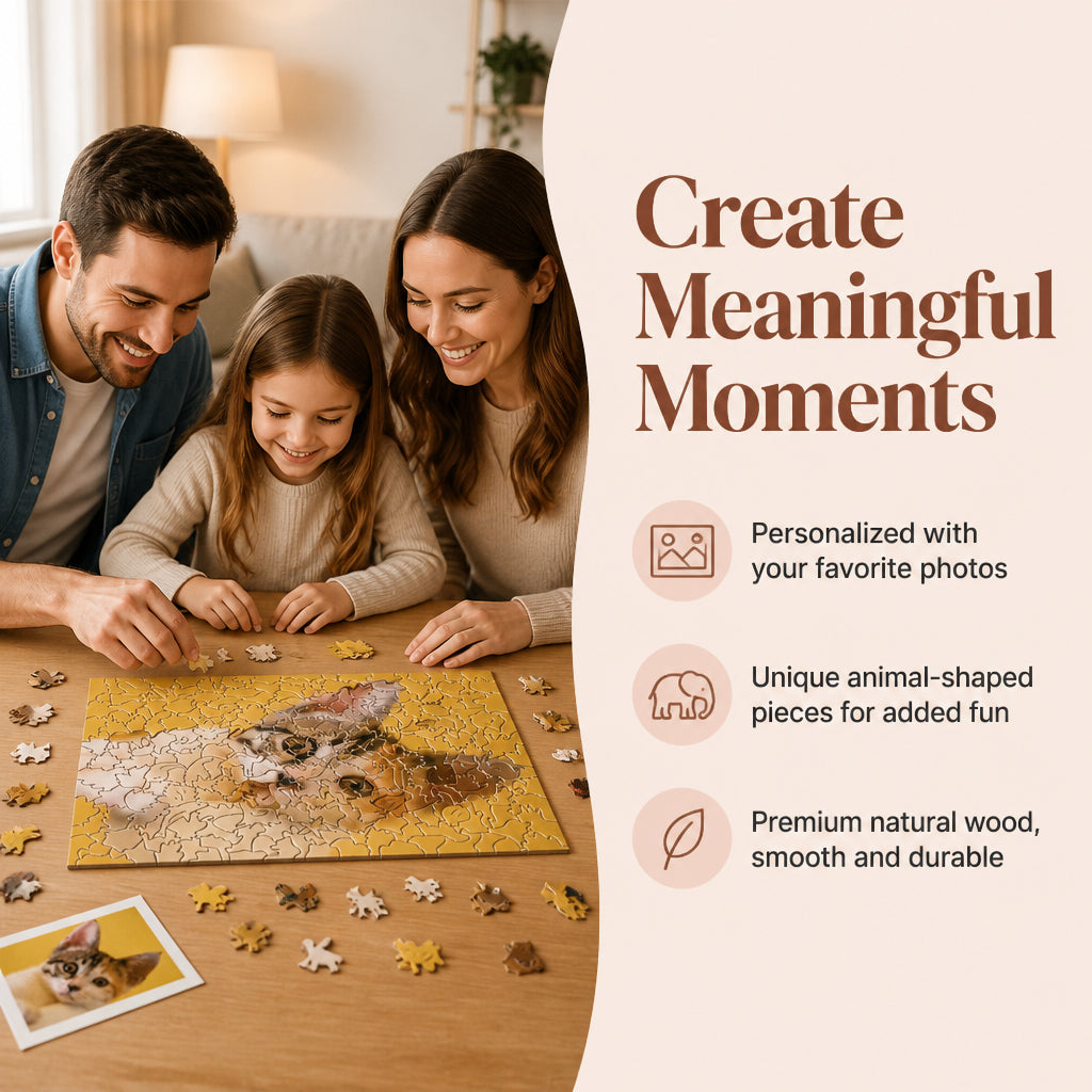 Personalized Photo Wood Jigsaw Puzzle with Animal-Shaped Pieces · Split Layout: Relaxing Family Fun
