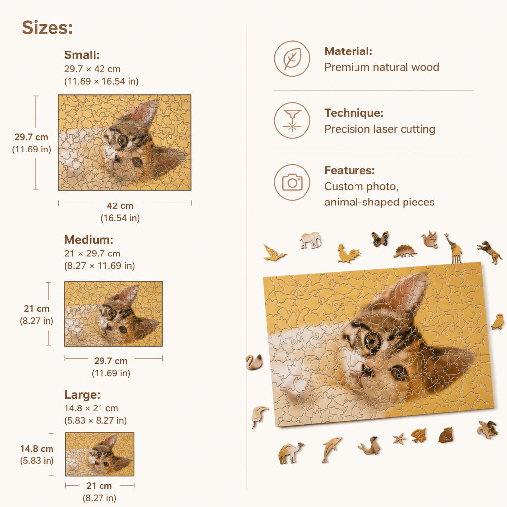 Personalized Photo Wood Jigsaw Puzzle with Animal-Shaped Pieces · Puzzle Size and Material Specs