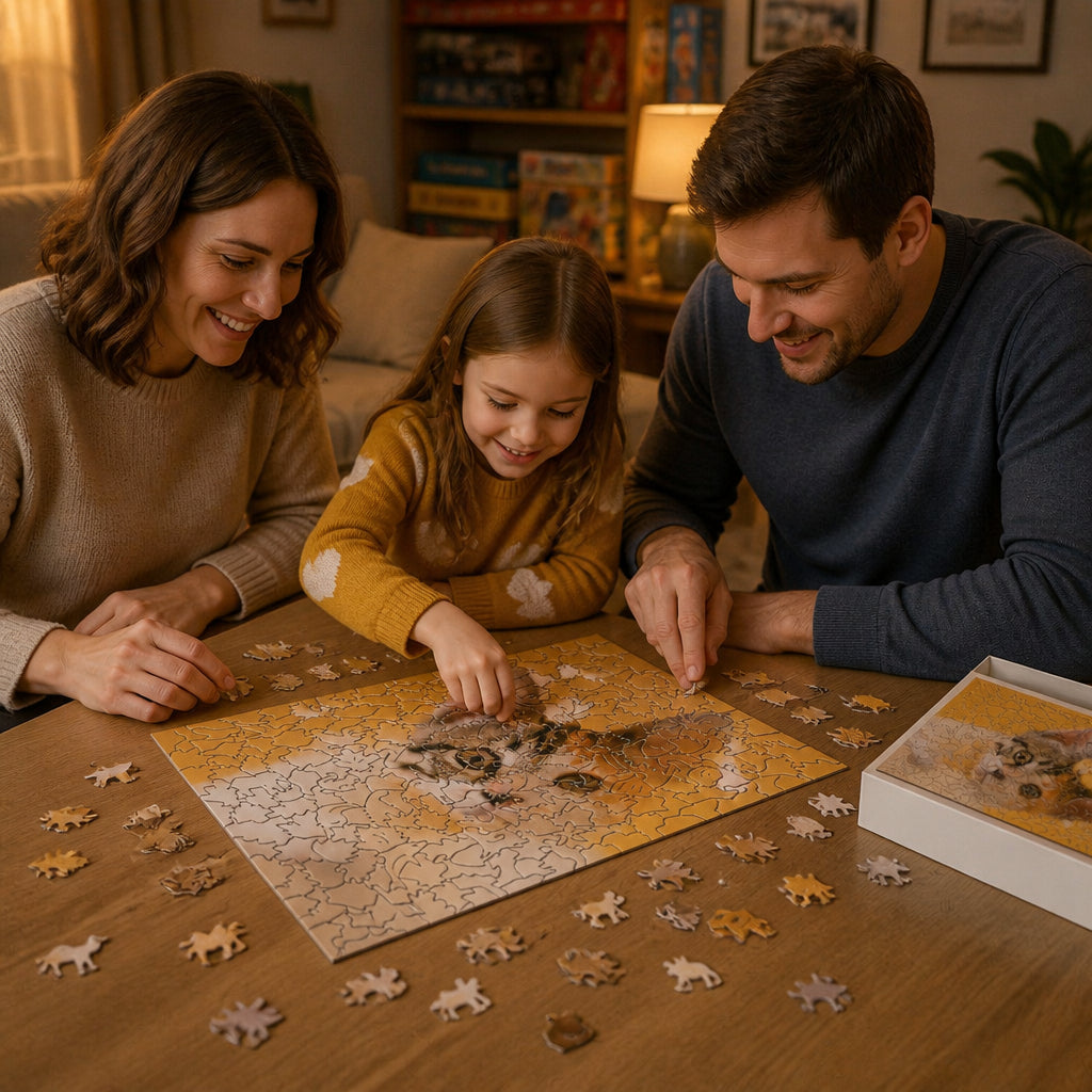 Personalized Photo Wood Jigsaw Puzzle with Animal-Shaped Pieces · Puzzle in Use: Family Game Night