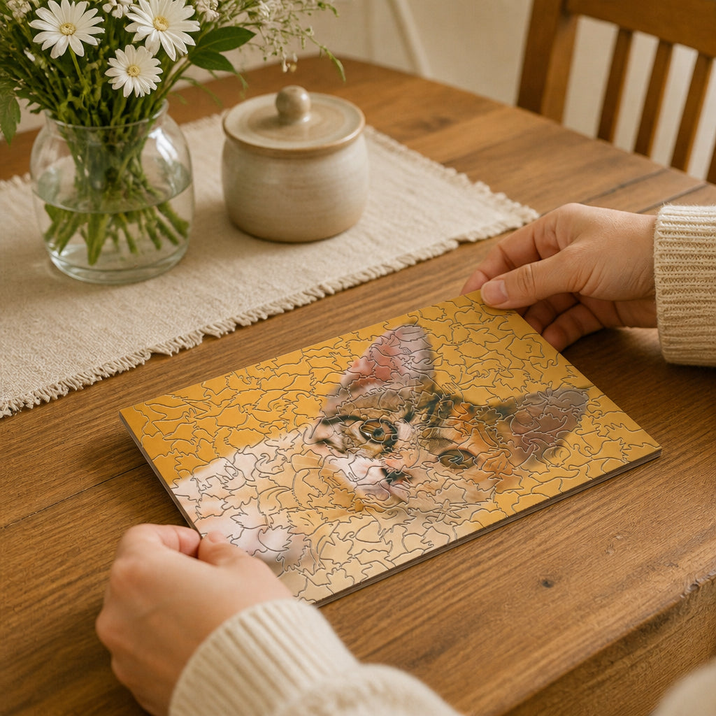 Personalized Photo Wood Jigsaw Puzzle with Animal-Shaped Pieces · Hands Interacting with Puzzle at Table
