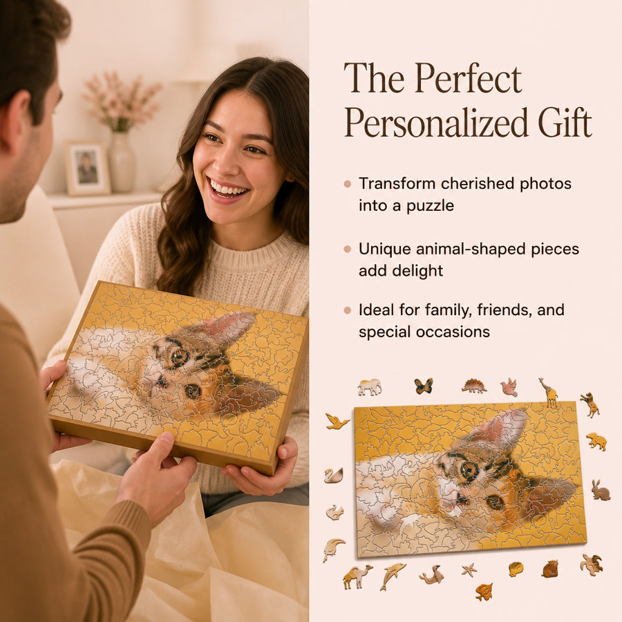 Personalized Photo Wood Jigsaw Puzzle with Animal-Shaped Pieces