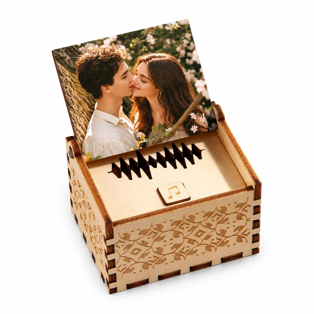 Custom Photo and Text Wooden Music Box · Main product on white background