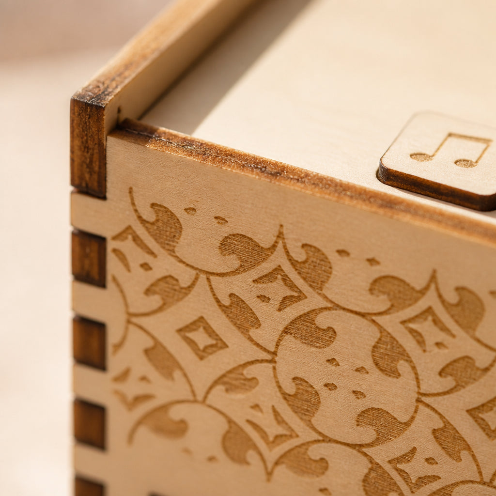 Custom Photo and Text Wooden Music Box · Macro Close-Up of Wooden Craftsmanship