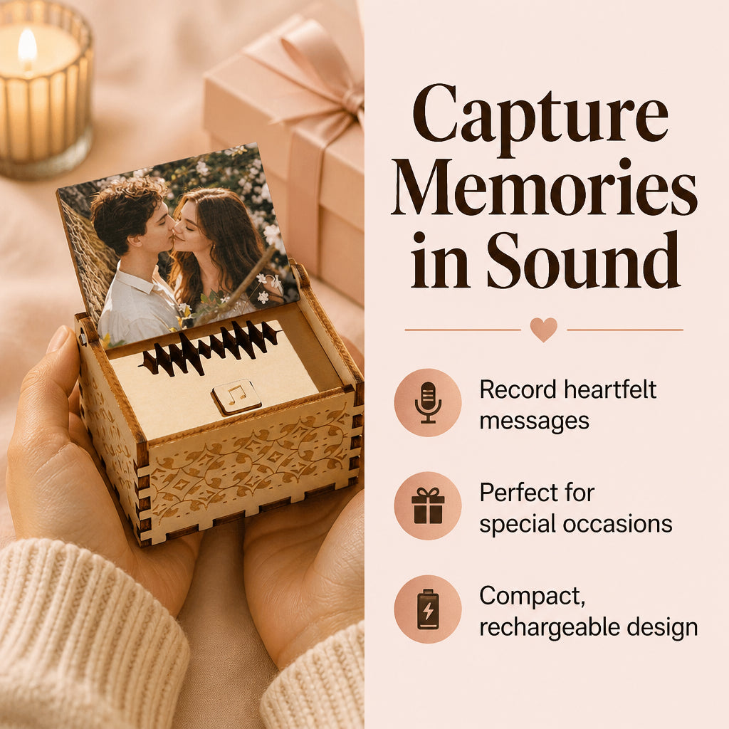 Custom Photo and Text Wooden Music Box · Sentimental Surprise Benefit Split Layout