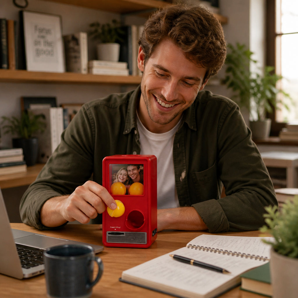 Custom Photo and Song Capsule Music Player · Candid In-Use Scene in Home Office