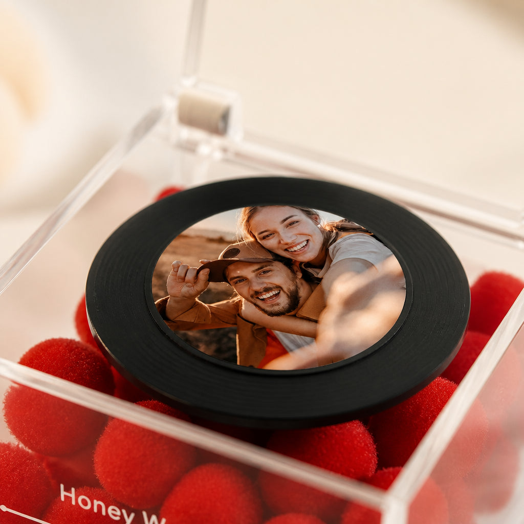 Custom Photo Mini Record Player Music Box with Light · Macro Close-Up of Personalized Photo Vinyl