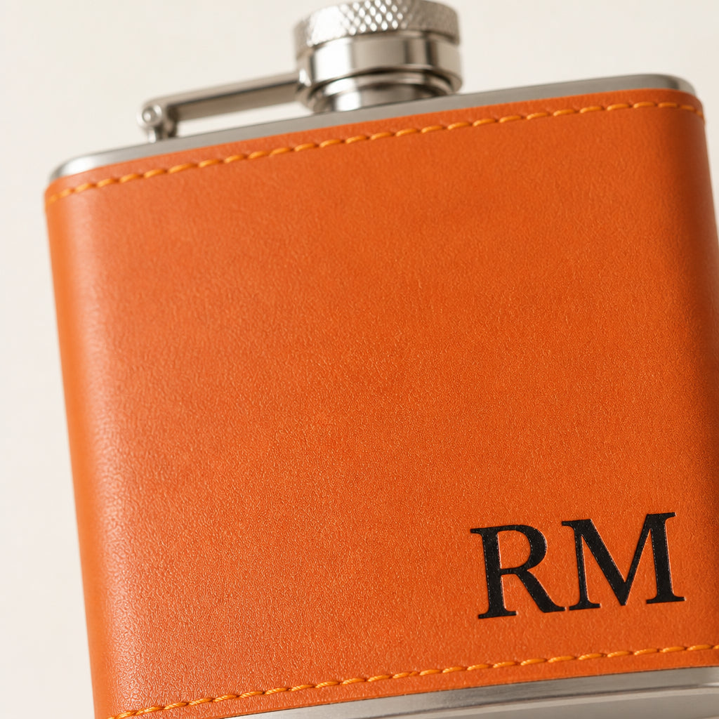 Custom Leather Wrapped 6 oz Flask · Macro Close-Up of Leather Wrap