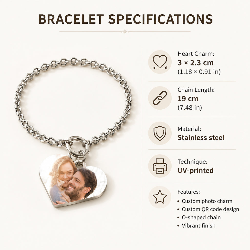 Custom Photo and QR Code Heart Charm Bracelet · Bracelet Specifications Infographic