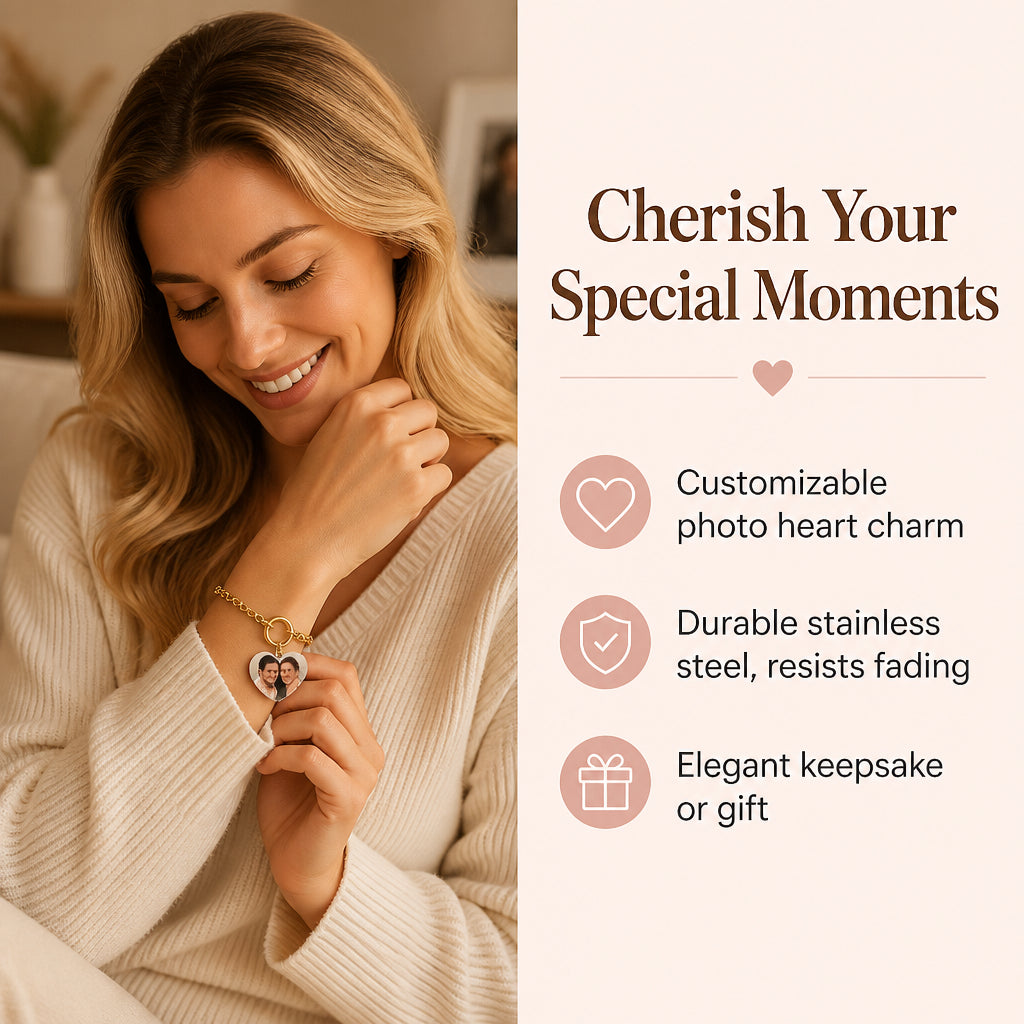 Photo Bracelet with Heart Charm · Split Benefit: Cherished Keepsake in Use