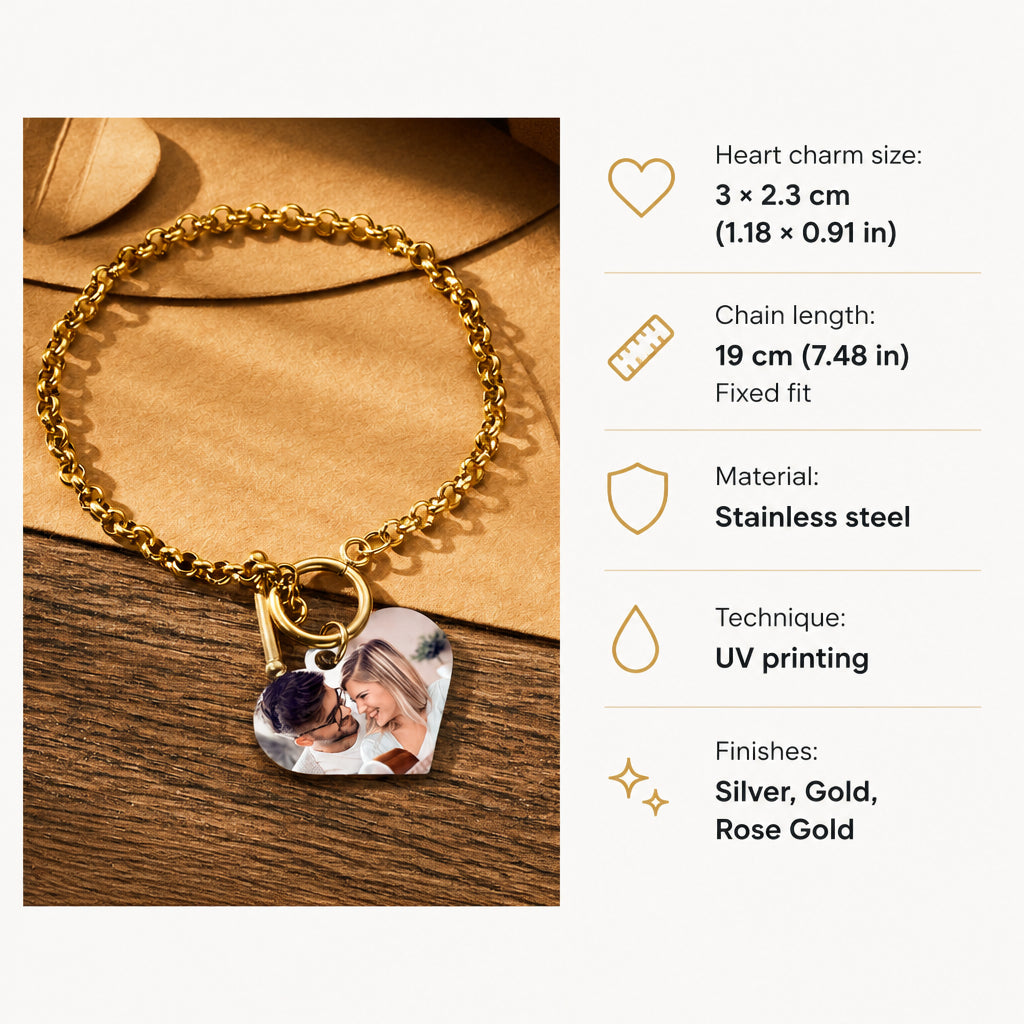 Photo Bracelet with Heart Charm · Bracelet Specifications & Dimensions