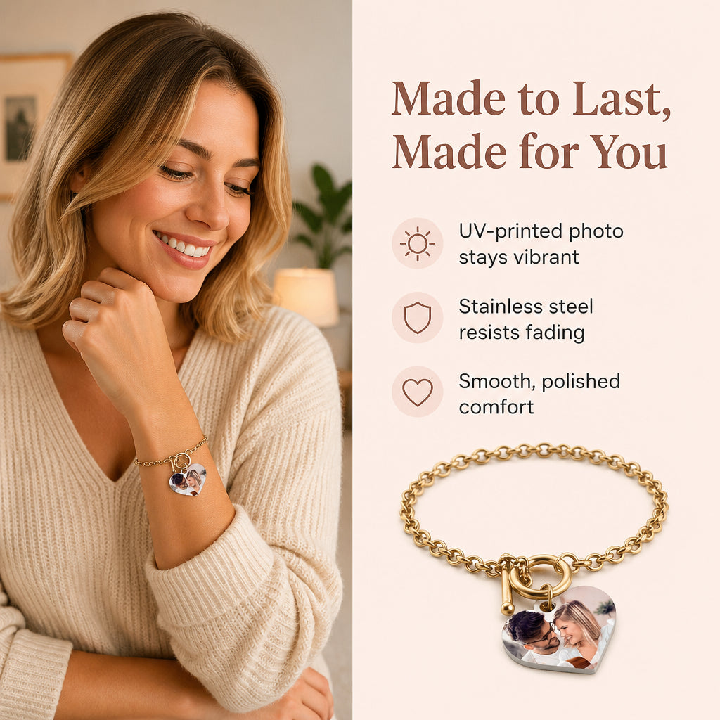 Photo Bracelet with Heart Charm · Split Benefit: Lasting Color & Durability