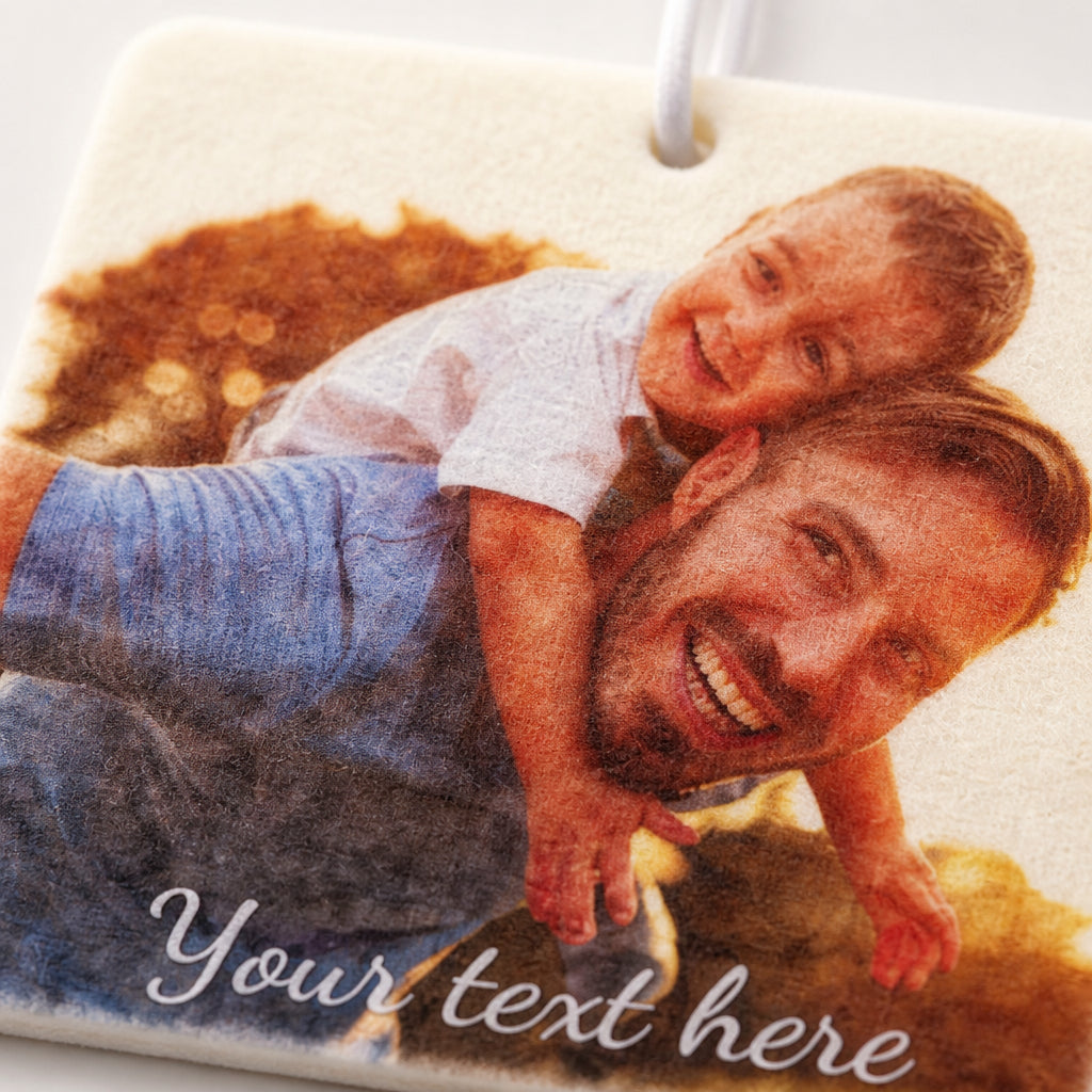 Custom Photo and Text Car Air Freshener · Macro Detail of Felt Material