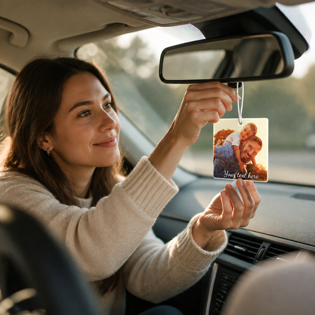 Custom Photo and Text Car Air Freshener · Candid In-Car Use Moment