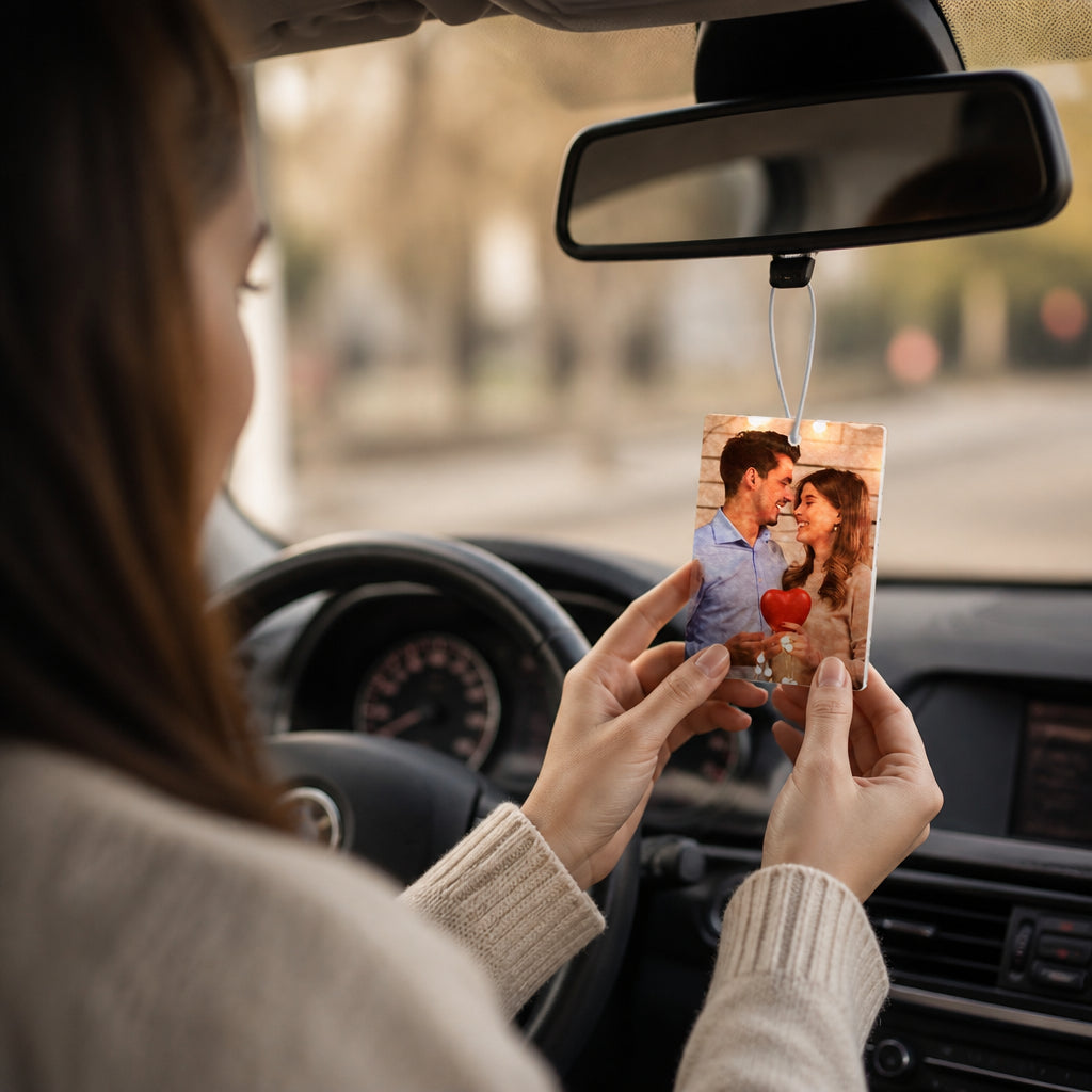 Custom Photo Car Air Freshener · In-Car Lifestyle Scene with Hands Holding