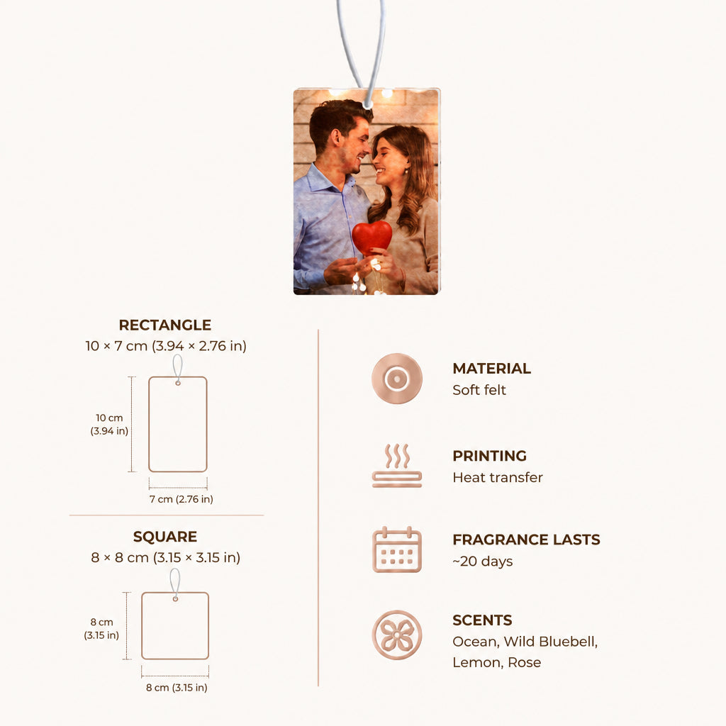 Custom Photo Car Air Freshener · Product Specs and Dimensions Infographic