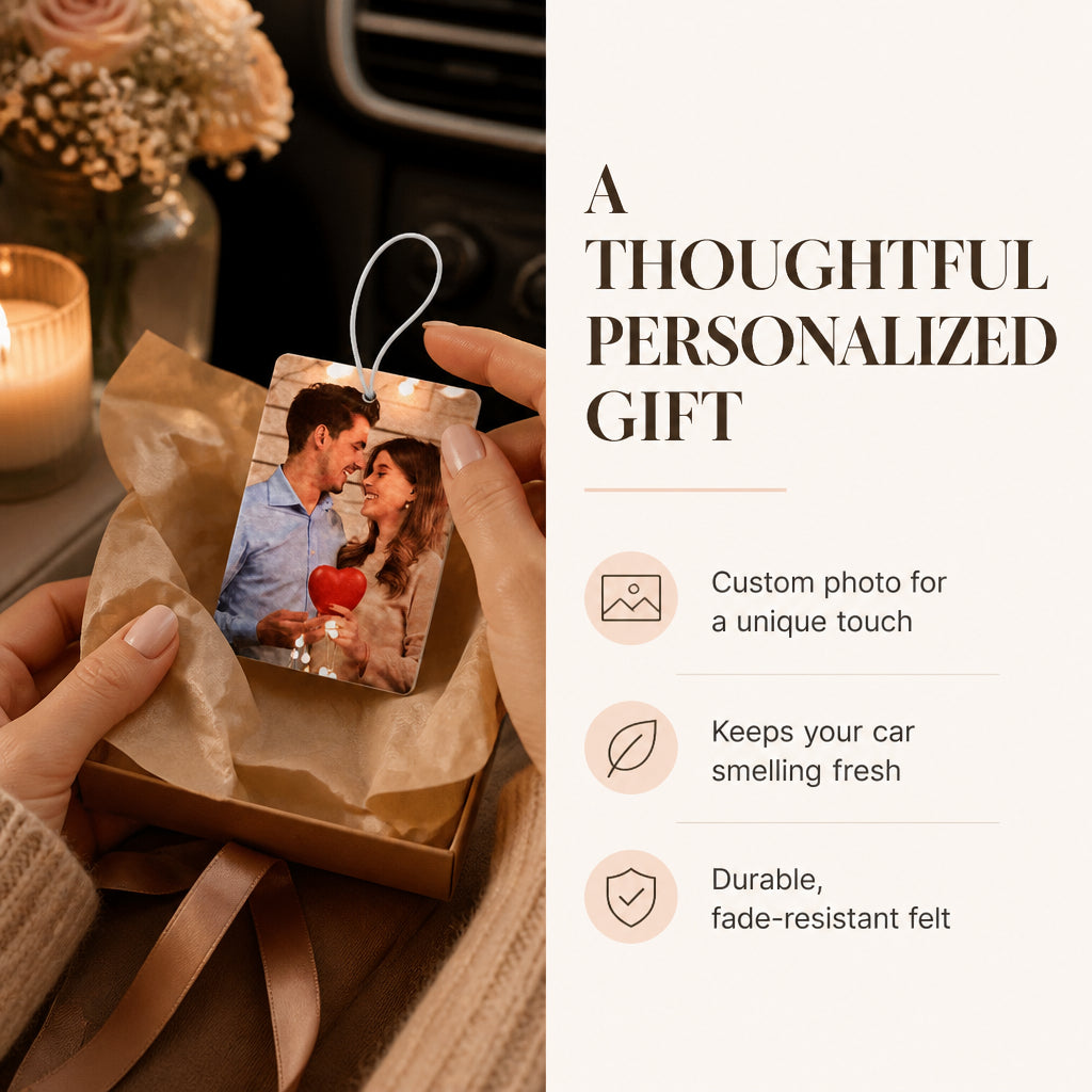 Custom Photo Car Air Freshener · Split Layout: Gift & Freshness Benefit