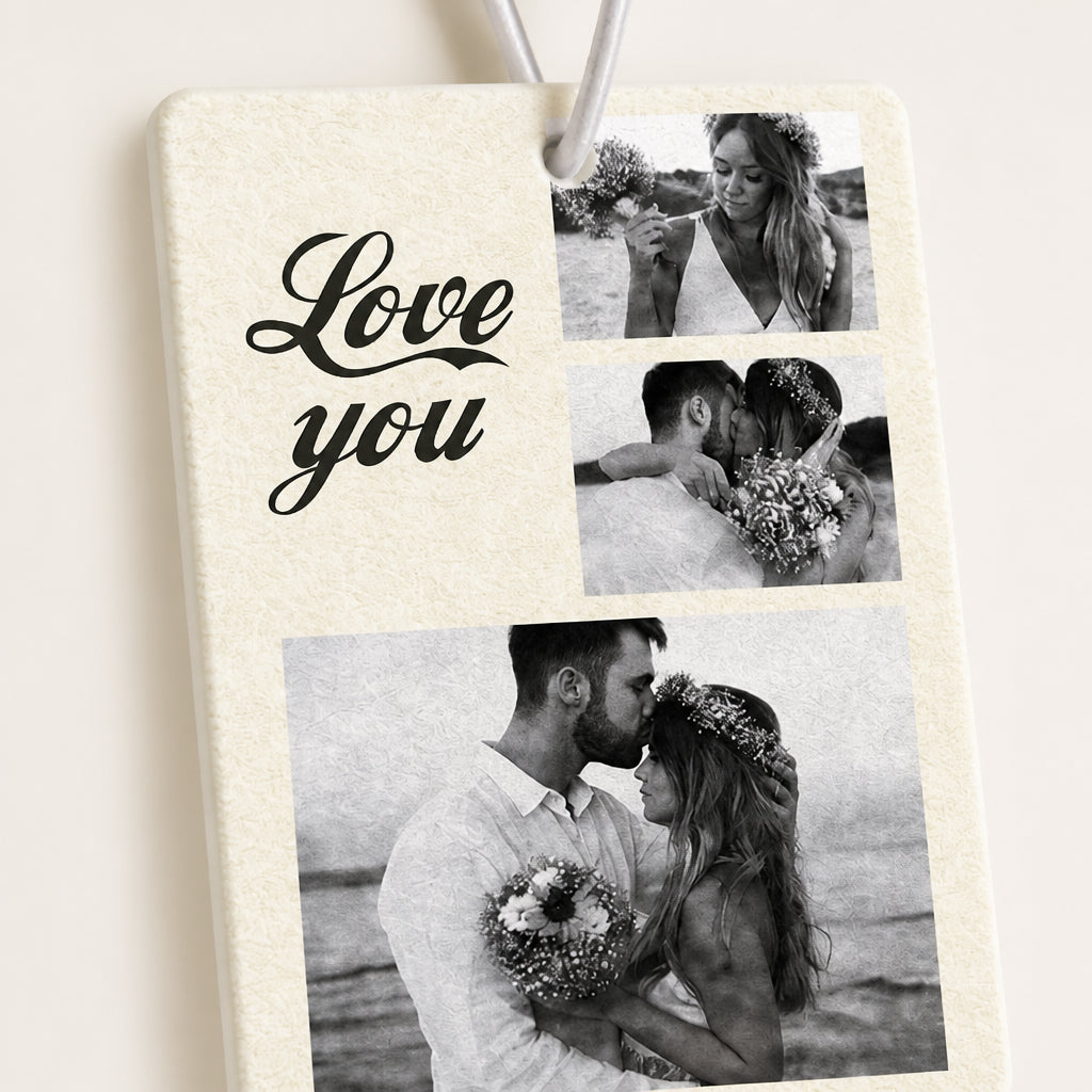 Custom Photo and Text Collage Car Air Freshener · Macro Close-Up of Felt Material and Photo Collage