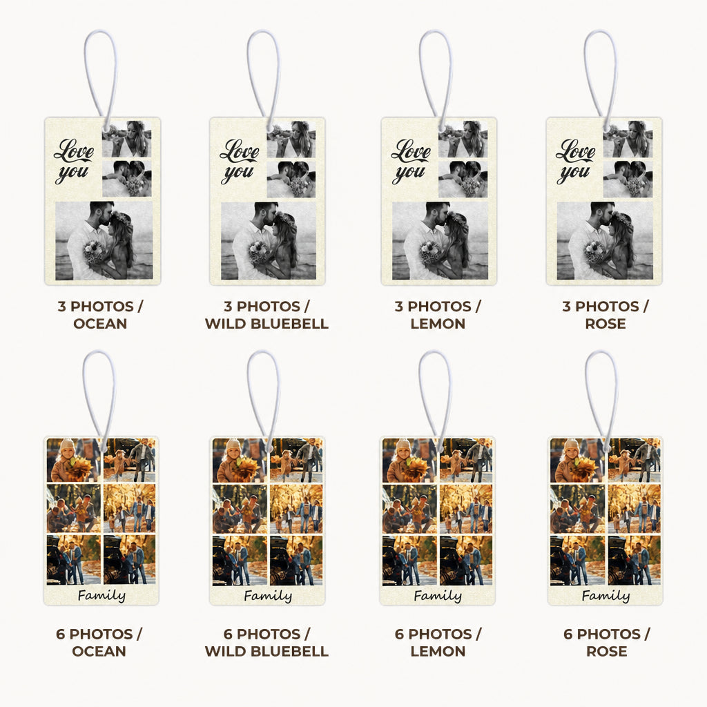 Custom Photo and Text Collage Car Air Freshener · All Styles and Scents Variant Grid
