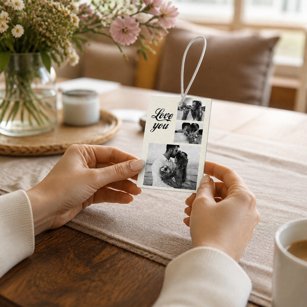 Custom Photo and Text Collage Car Air Freshener · Hands Interacting with Product at Home Table