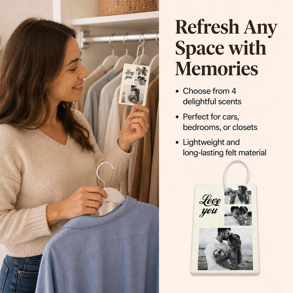 Custom Photo and Text Collage Car Air Freshener · Split Layout: Versatile Freshening Benefit
