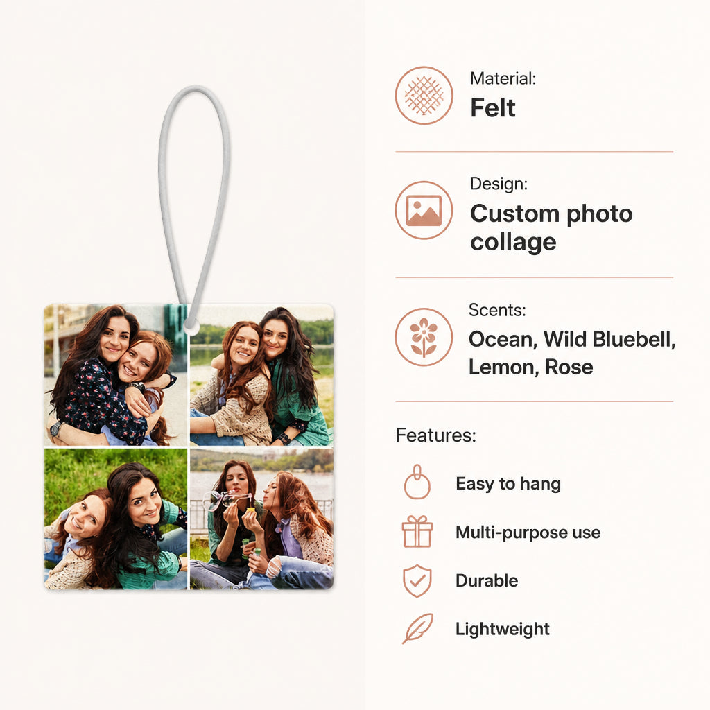 Custom Collage Photo Car Air Freshener · Specifications & Materials Infographic