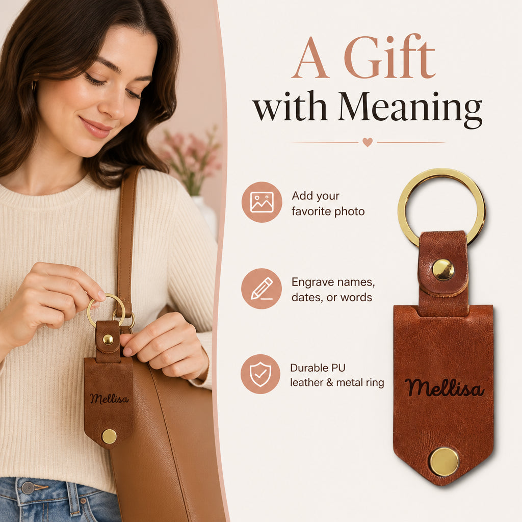 Custom Photo and Text Leather Keychain · Personalized Gift Benefit Callout