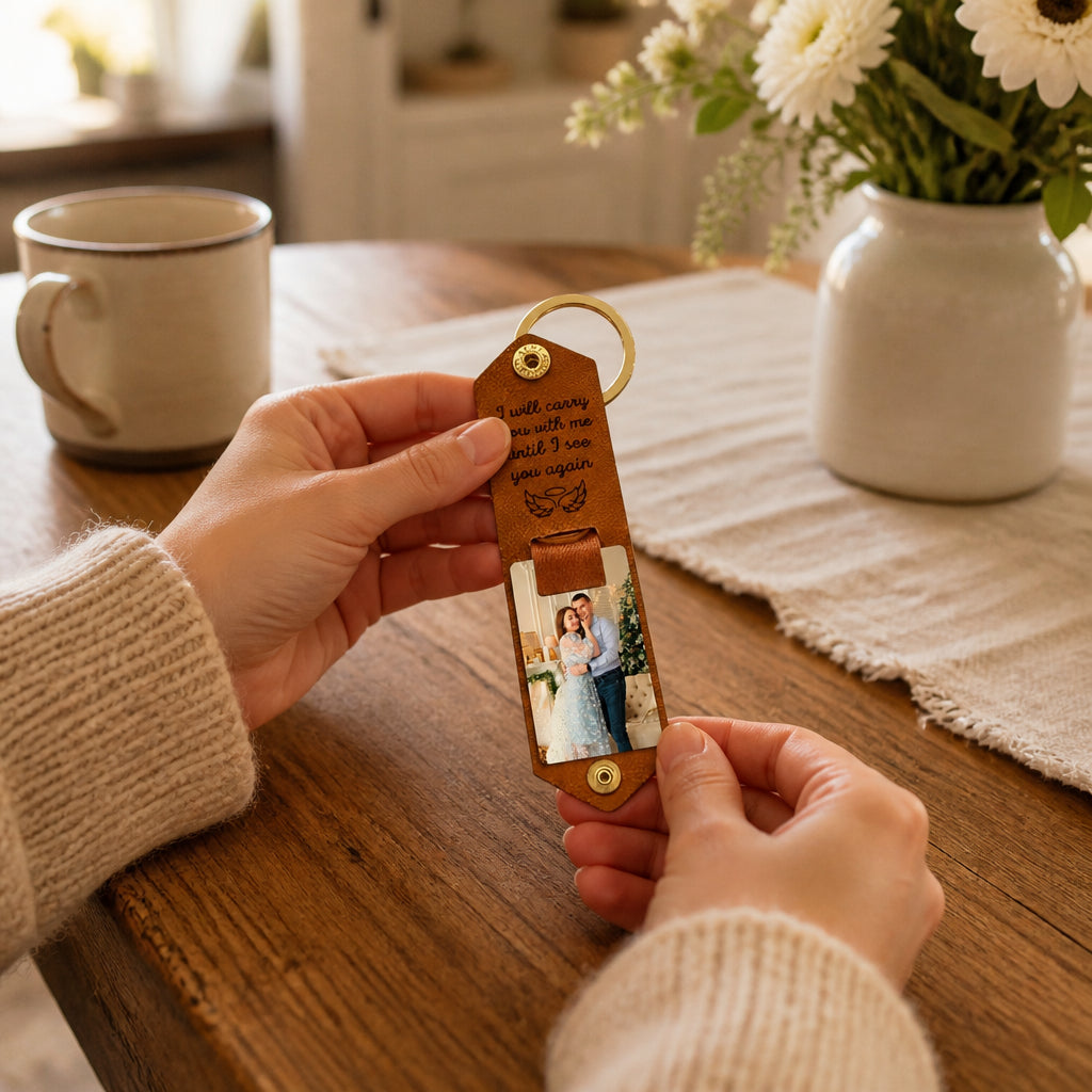 Custom Photo and Text Leather Keychain · Hands-on Table Lifestyle Scene