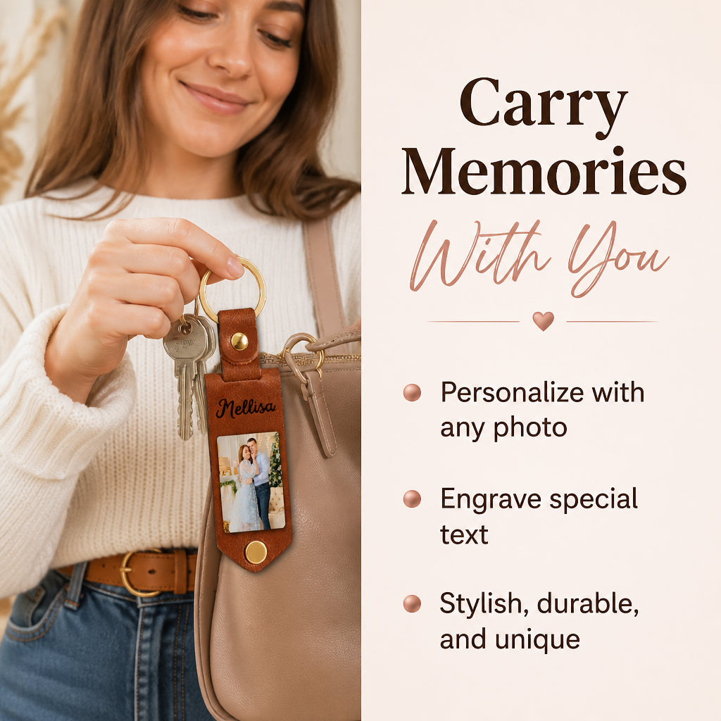 Custom Photo and Text Leather Keychain · Everyday Keepsake Benefit Callout